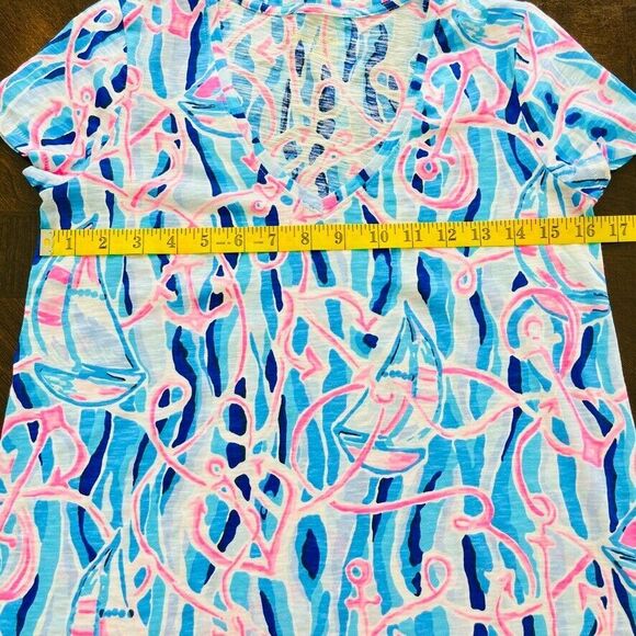 Lilly Pulitzer Etta V Neck Top Short Sleeve Blue Reel Nautical Pink Sailing XXS - Picture 6 of 8